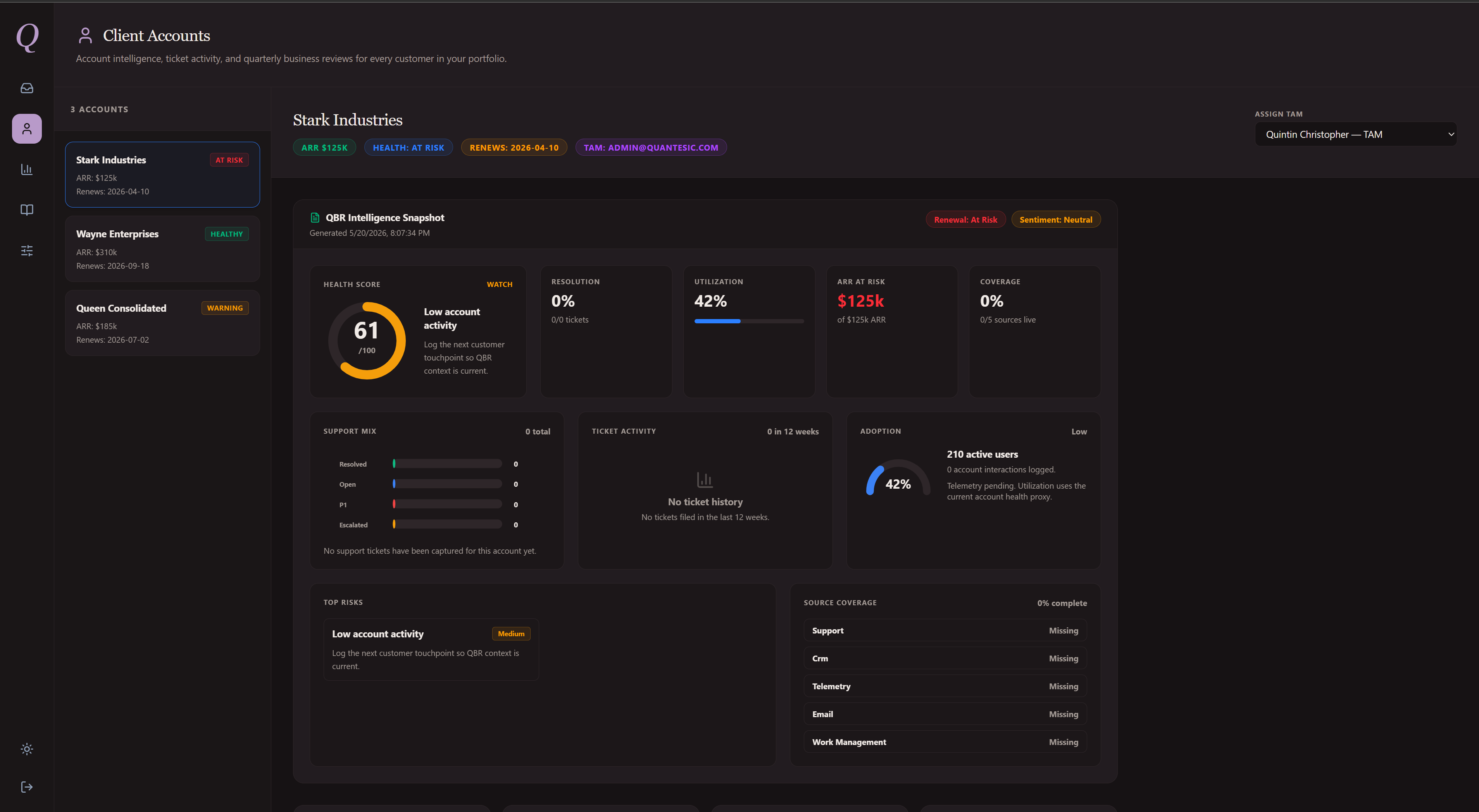 Quantesic customer app sentiment screen showing account-level customer health signals and source context.