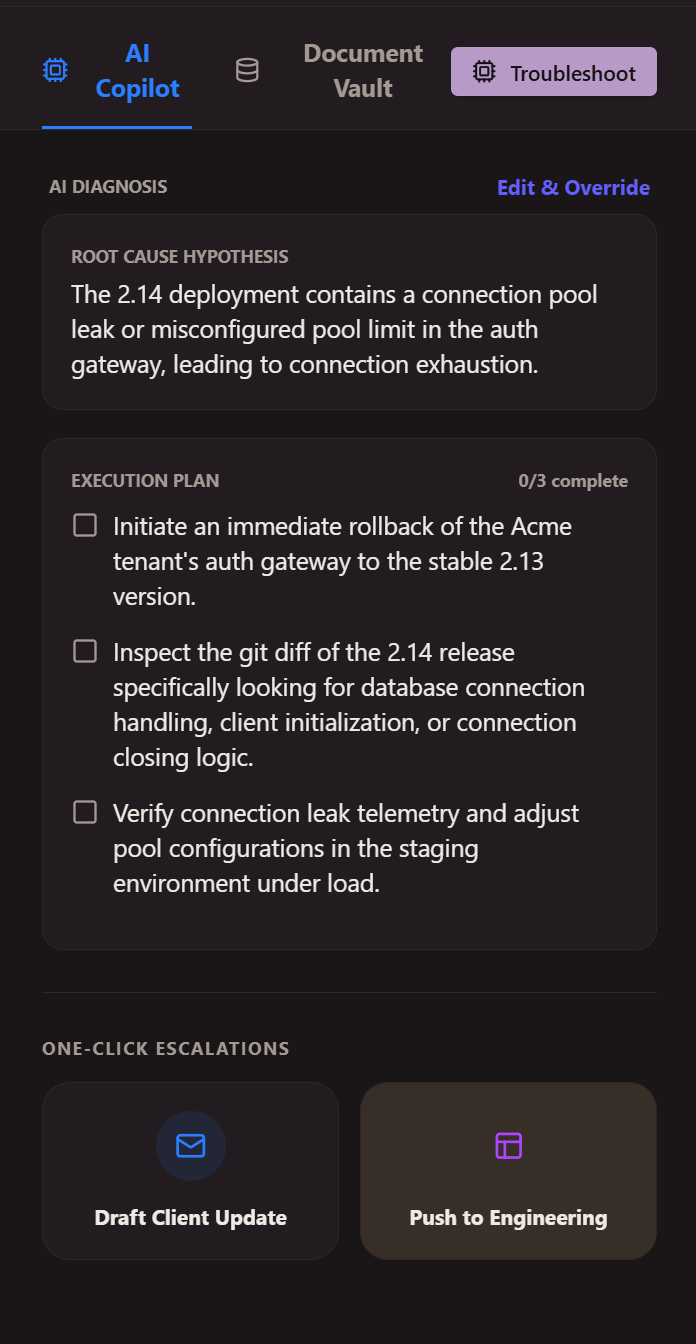 Quantesic customer app ticket triage screen showing an inbox ticket with AI-assisted context and next steps.